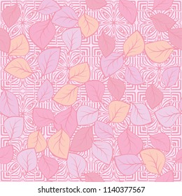 A seamless pattern composed of multi-colored leaves scattered on a texture consisting of four-sided abstract symbolic colors and squares.