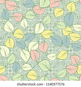A seamless pattern composed of multi-colored leaves scattered on a texture consisting of four-sided abstract symbolic colors and squares.