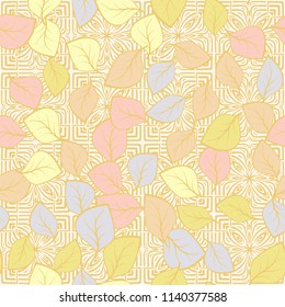 A seamless pattern composed of multi-colored leaves scattered on a texture consisting of four-sided abstract symbolic colors and squares.