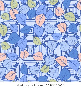 A seamless pattern composed of multi-colored leaves scattered on a texture consisting of four-sided abstract elements that look like stars and bubbles.
