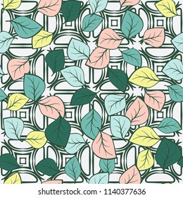 A seamless pattern composed of multi-colored leaves scattered on a texture consisting of four-sided abstract elements that look like stars and bubbles.