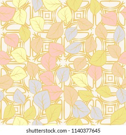 A seamless pattern composed of multi-colored leaves scattered on a texture consisting of four-sided abstract elements that look like stars and bubbles.