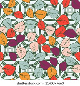 A seamless pattern composed of multi-colored leaves scattered on a texture consisting of four-sided abstract elements that look like stars and bubbles.