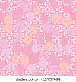 A seamless pattern composed of multi-colored leaves scattered on a texture consisting of four-petalled symbolic flowers.