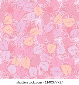 A seamless pattern composed of multicolored leaves scattered on a texture consisting of square suns.