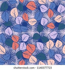A seamless pattern composed of multicolored leaves scattered on a texture consisting of square suns.