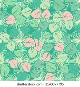 A seamless pattern composed of multicolored leaves scattered on a texture consisting of square suns.