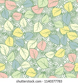 A seamless pattern composed of multicolored leaves scattered on a texture consisting of groups of curved lines.
