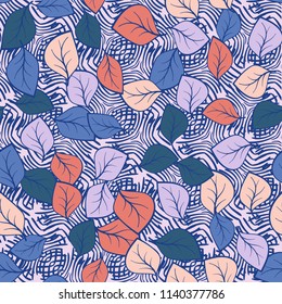 A seamless pattern composed of multicolored leaves scattered on a texture consisting of groups of curved lines.