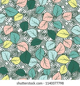 A seamless pattern composed of multicolored leaves scattered on a texture consisting of groups of curved lines.