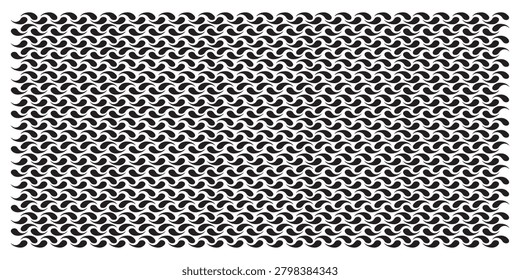 A seamless pattern composed of numerous small, black, wave-like or paisley shapes arranged in a repeating grid on a white background, creating a dynamic visual texture.
