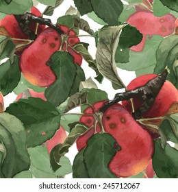 Seamless pattern composed of red watercolor alpples with leaves, hand drawn
