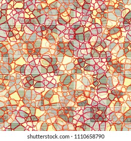 A seamless pattern composed of rounded polygons of different colors. Camouflage style. The picture is covered horizontally by striated squares, arranged in staggered order.