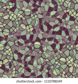 A seamless pattern composed of rounded polygons of different colors. Camouflage style. On the surface is a network of large squares made of diagonal lines.