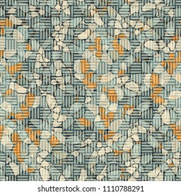 A seamless pattern composed of rounded polygons of different colors. Camouflage style. On the surface is a network of squares made of thick lines with oval ends.
