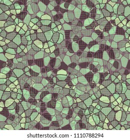 A seamless pattern composed of rounded polygons of different colors. Camouflage style. On the surface is a network of squares made of thick lines with oval ends.