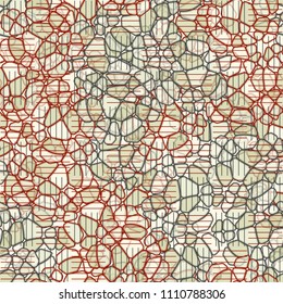 A seamless pattern composed of rounded polygons of different colors. Camouflage style. The picture is covered with a network of striped squares.