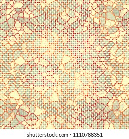 A seamless pattern composed of rounded polygons of different colors. Camouflage style. The picture is covered with a network of small mutually perpendicular ovals.