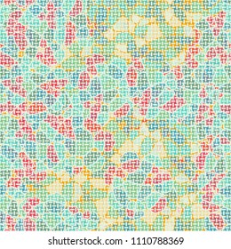 A seamless pattern composed of rounded polygons of different colors. Camouflage style. The picture is covered with a network of small mutually perpendicular ovals.