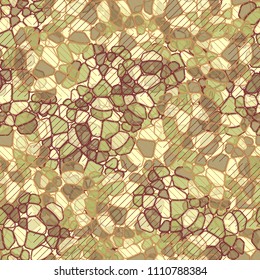 A seamless pattern composed of rounded polygons of different colors. Camouflage style. On the surface there are squares created from diagonal segments.