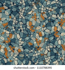A seamless pattern composed of rounded polygons of different colors. Camouflage style. On the surface there are squares created from diagonal segments.