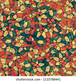 A seamless pattern composed of rounded polygons of different colors. Camouflage style. Above the picture there is a network of chaotically scattered square fragments.