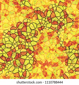 A seamless pattern composed of rounded polygons of different colors. Camouflage style. Above the picture there is a network of chaotically scattered square fragments.