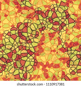 A seamless pattern composed of rounded polygons of different colors. Camouflage style.