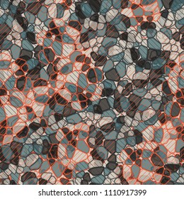 A seamless pattern composed of rounded polygons of different colors. Camouflage style. On the surface there are squares created from diagonal segments.