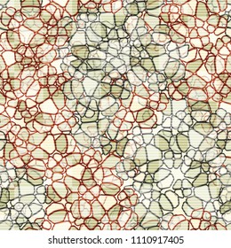A seamless pattern composed of rounded polygons of different colors. Camouflage style. The picture is covered horizontally by striated squares, arranged in staggered order.