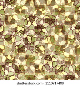 A seamless pattern composed of rounded polygons of different colors. Camouflage style. The picture is covered horizontally by striated squares, arranged in staggered order.