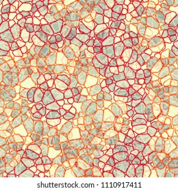 A seamless pattern composed of rounded polygons of different colors. Camouflage style. Over the picture there is a network of randomly scattered segments.