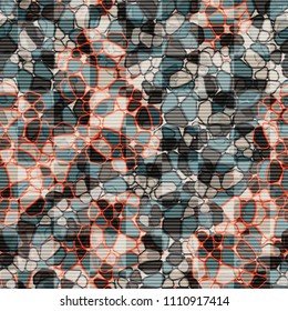 A seamless pattern composed of rounded polygons of different colors. Camouflage style. The picture is covered horizontally by striated squares, arranged in staggered order.