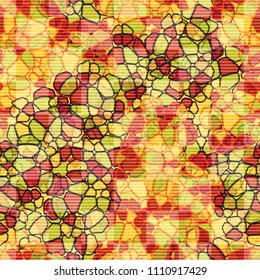 A seamless pattern composed of rounded polygons of different colors. Camouflage style. The picture is covered horizontally by striated squares, arranged in staggered order.