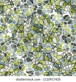 A seamless pattern composed of rounded polygons of different colors. Camouflage style. The picture is covered horizontally by striated squares, arranged in staggered order.