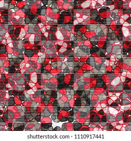 A seamless pattern composed of rounded polygons of different colors. Camouflage style. The picture is covered horizontally by striated squares, arranged in staggered order.