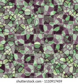 A seamless pattern composed of rounded polygons of different colors. Camouflage style. The picture is covered horizontally by striated squares, arranged in staggered order.