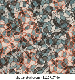 A seamless pattern composed of rounded polygons of different colors. Camouflage style. On the surface is a network of large squares made of diagonal lines.