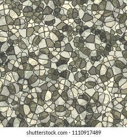 A seamless pattern composed of rounded polygons of different colors. Camouflage style. On the surface is a network of large squares made of diagonal lines.