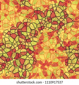 A seamless pattern composed of rounded polygons of different colors. Camouflage style. The picture is covered with a network of striped squares.
