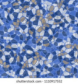 A seamless pattern composed of rounded polygons of different colors. Camouflage style. The picture is covered with a network of striped squares.