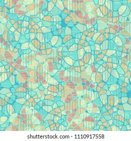 A seamless pattern composed of rounded polygons of different colors. Camouflage style. The picture is covered with a network of striped squares.