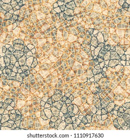 A seamless pattern composed of rounded polygons of different colors. Camouflage style. Above the picture there is a network of chaotically scattered square fragments.