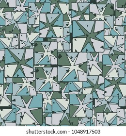 A seamless pattern composed of square elements broken into fragments including a deformed seven-ray star. Fragments of elements of different colors. Fashionable camouflage.