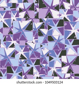 A seamless pattern composed of square elements broken into fragments including a deformed seven-ray star. Fragments of elements of different colors. Fashionable camouflage.