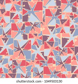 A seamless pattern composed of square elements broken into fragments including a deformed seven-ray star. Fragments of elements of different colors. Fashionable camouflage.