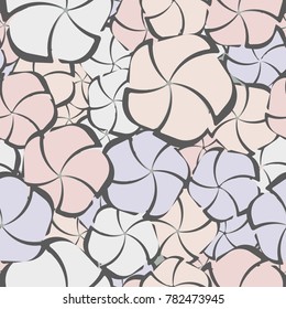 A seamless pattern composed of stylized flowers having the form of pentagons dissected into five petals. Contains six colors.