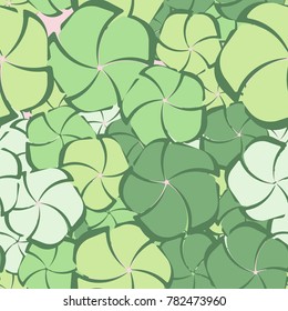 A seamless pattern composed of stylized flowers having the form of pentagons dissected into five petals. Contains six colors.