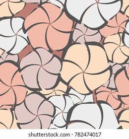 A seamless pattern composed of stylized flowers having the form of pentagons dissected into five petals. Contains six colors.