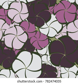 A seamless pattern composed of stylized flowers having the form of pentagons dissected into five petals. Contains six colors.
